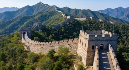 Obraz premium The great wall of china winding through mountainous terrain