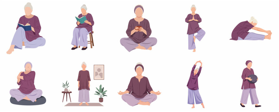 Elderly woman practicing wellness activities set including yoga, meditation, reading, and journaling for healthy lifestyle flat vector illustration