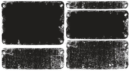 Set vectors backgrounds or frames in a grunge, urban, or steampunk style featuring an iron or copper sign bolted to a wall. Suitable for computer games, street art posters, and banners. © paseven