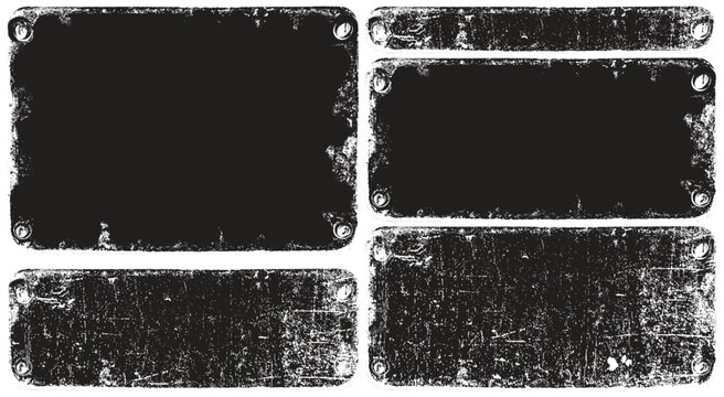 Set vectors backgrounds or frames in a grunge, urban, or steampunk style featuring an iron or copper sign bolted to a wall. Suitable for computer games, street art posters, and banners.