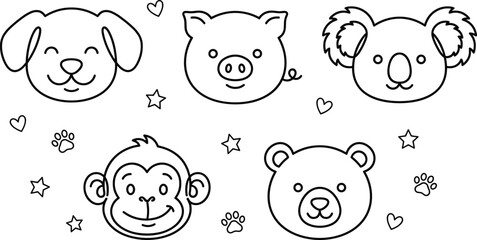 Cute cartoon animal faces line art set featuring puppy dog pig koala monkey and teddy bear avatars © Sabbir Studio