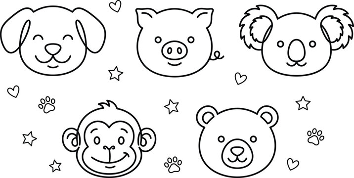 Cute cartoon animal faces line art set featuring puppy dog pig koala monkey and teddy bear avatars