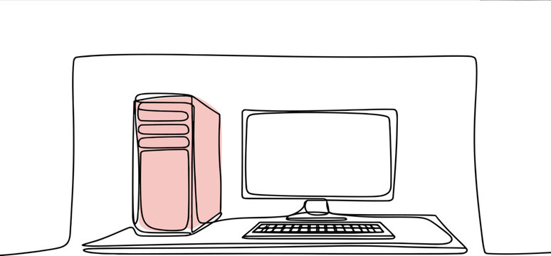 Continuous line of a computer system including a pink tower monitor and keyboard on a flat surface