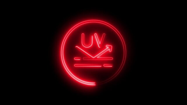 U V protection warning sign neon red symbol on black background ultraviolet caution UV protection