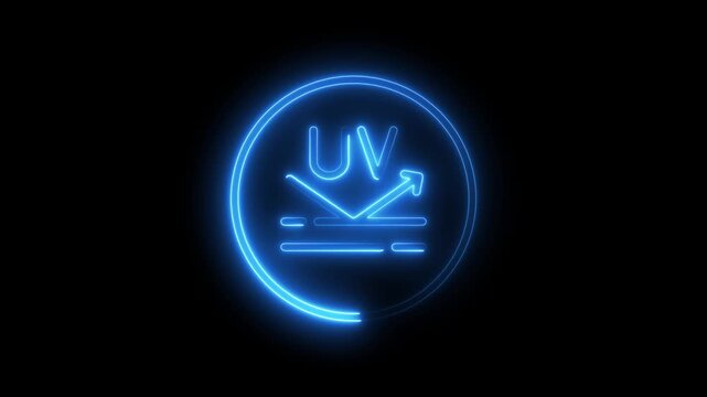 U V protection symbol neon blue ultraviolet light shield circular sign with arrow and line graph on black background