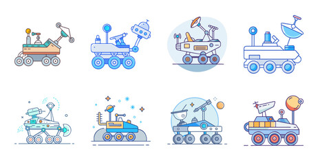 Naklejka premium Mars Rover and Space Exploration Vehicle Icons - Collection of futuristic rover vehicle illustrations designed for planetary exploration, scientific research, autonomous navigation, and space missions
