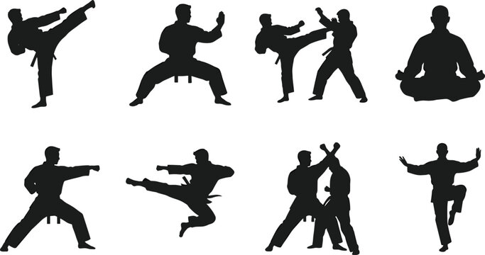Martial arts silhouettes set featuring karate, taekwondo, and kung fu fighters in combat stances, kicks, and meditation poses