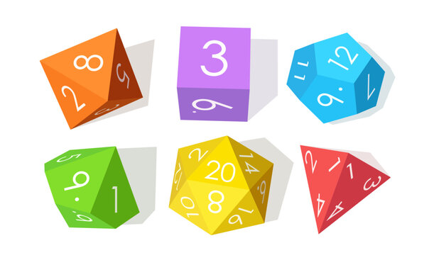 Set of colorful polyhedral dice for roleplaying board games, top view illustration isolated on white background