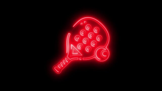 Red neon illuminated padel racket with glowing lines and shapes on black background sports equipment and accessories