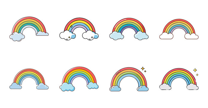 Colorful rainbows with smiling faces set - A cheerful collection of rainbow arcs each with a smiling face, bright and vibrant for cheerful designs and illustrations.