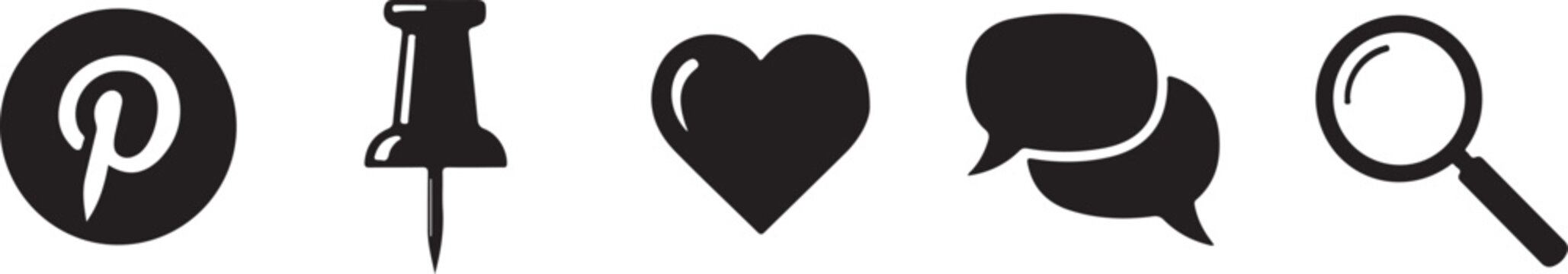 Black social media and search icons on transparent background