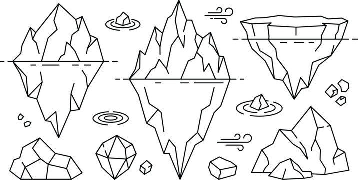 Iceberg line art set showing underwater hidden tips climate change north pole glaciers and ocean icebergs
