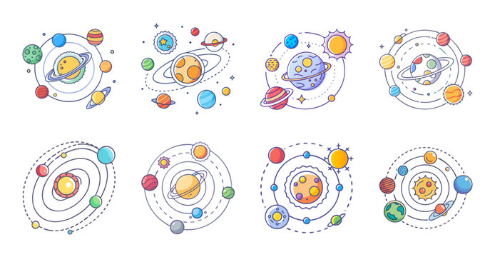 Colorful atomic molecules and elements illustration - Bright, stylized vector icons showing atomic structures, molecules, and chemical elements in a playful, educational design.