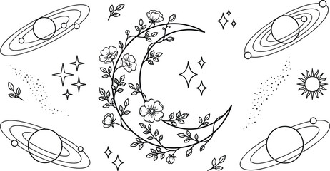 Celestial line art set featuring floral crescent moon rings of saturn planets sun and magic stars © Sabbir Studio