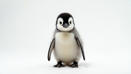 Obraz premium Baby penguin standing upright on a white background, showcasing its fluffy gray and white feathers, small flippers, and round face with dark eyes