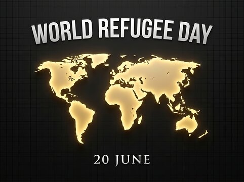Golden world map design highlighting global awareness for world refugee day celebration concept
