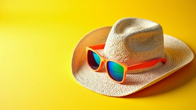 Straw hat with orange sunglasses resting on a vibrant yellow background, showcasing summer fashion accessories ideal for beach outings or sunny days