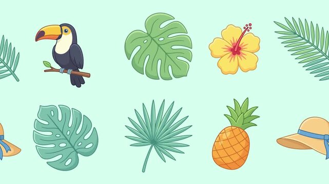 Animation Seamless tropical pattern with toucan bird pineapple and exotic leaves