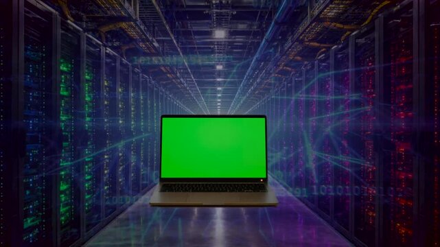 Green screen laptop on a data background