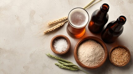 Fototapeta premium A clean commercial layout with beer and ingredients aligned for advertising on a neutral background
