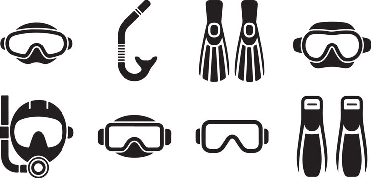 Collection of underwater snorkeling equipment icons featuring masks and flippers for swimming gear isolated on gray background.
