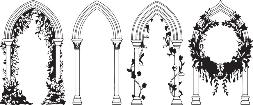 Set of four gothic stone arches with ornate decorative floral climbing plants isolated on dark transparent background style.