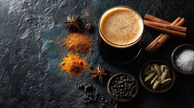 A dark composition with beer and spices scattered around on a textured black surface