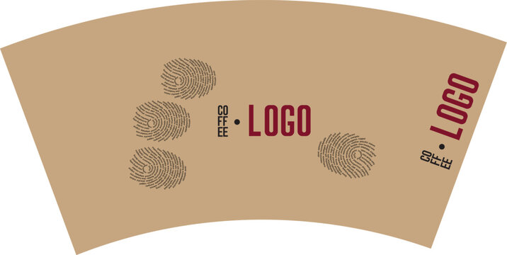Coffee cup sleeve wrap design template with identity logo mockup, vector craft paper cup panoramic layout featuring unique fingerprint typography filled with positive human qualities and inspiring adj