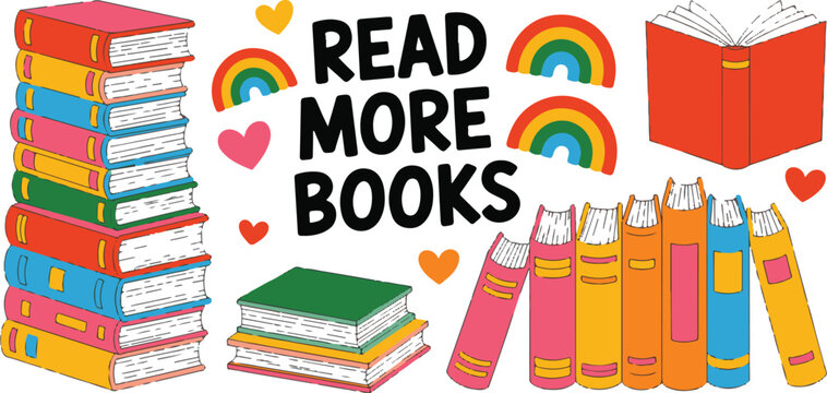 Colorful stacks of books with read more books text surrounded by rainbows and hearts for literacy promotion and library concepts.