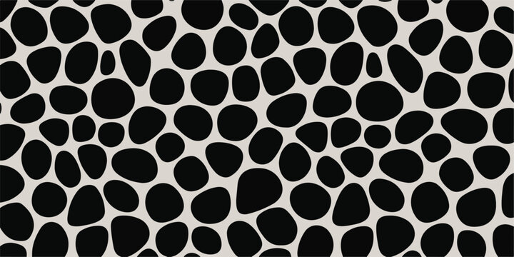 Seamless pattern of organic black irregular shapes resembling pebbles or a giraffe's spots on a light background.
