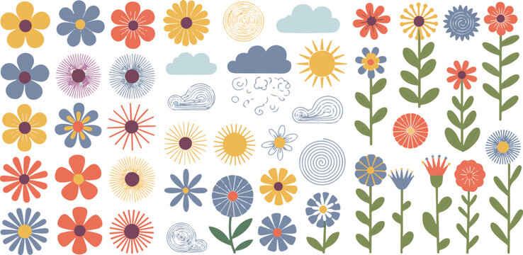 Colorful spring garden flowers and weather elements collection including sun clouds and blooming plants for seasonal art projects.
