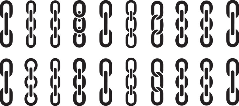 Industrial steel chains icons set with heavy metal links of different shapes and thicknesses for secure connection and strength.