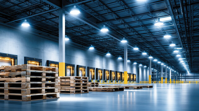 Spacious e commerce warehouse interior with stacked wooden pallet and loading docks lit by high
