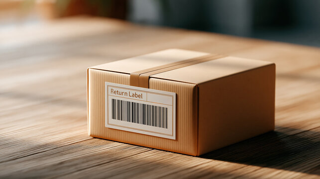E commerce package box with return label on wooden table in warm light