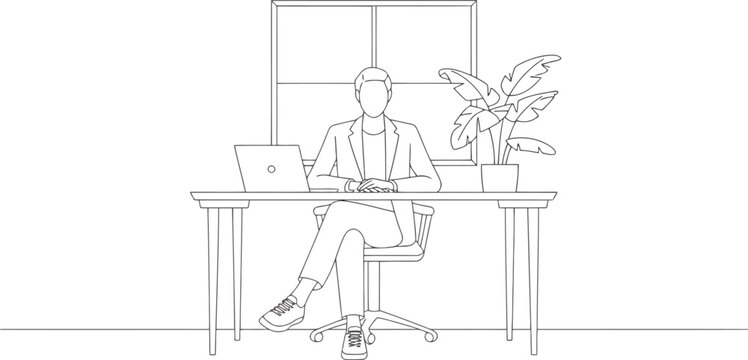Line of a man sitting at a desk with a laptop and a plant in front of a window 