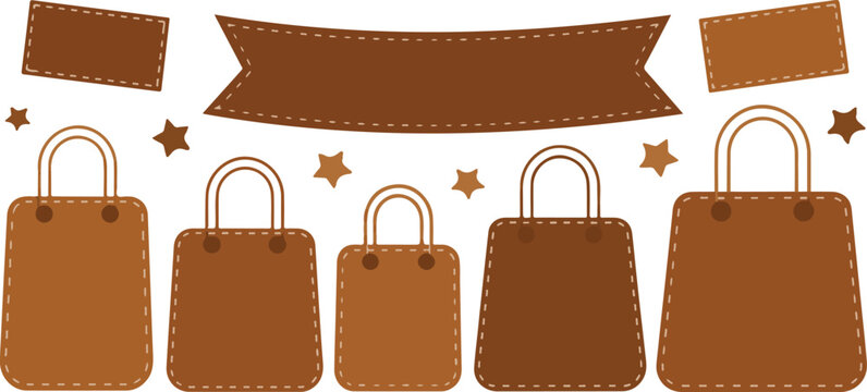 Brown paper shopping bags set with ribbon banner and star shapes for retail store sale branding package concept on transparent.
