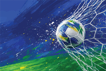 Soccer ball hitting the net on a green field
