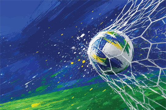 Soccer ball hitting the net on a green field