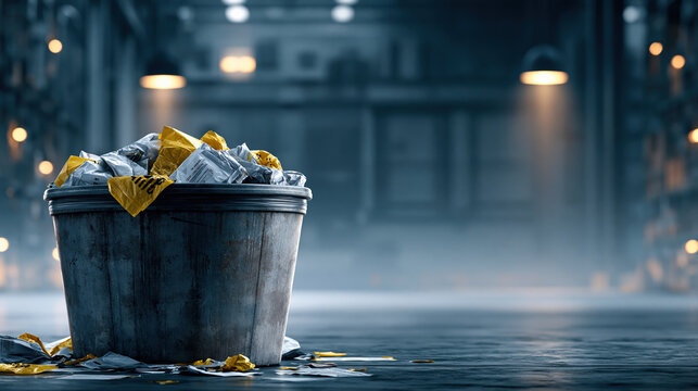 Overflowing metal trash can with crumpled paper and yellow packaging moody e commerce warehouse