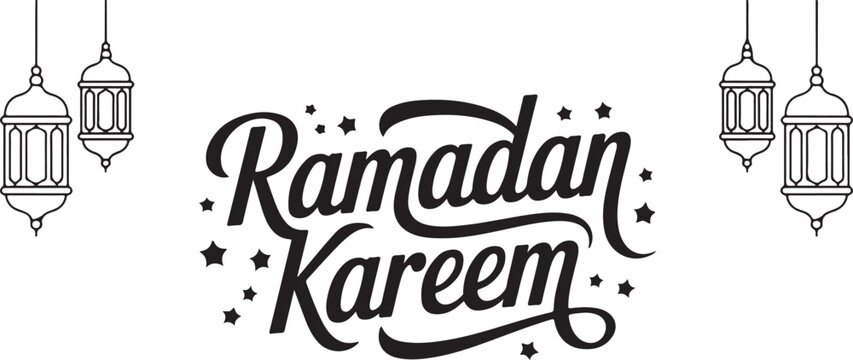 Ramadan kareem calligraphy festive greeting banner with ornamental lanterns and stars for islamic celebration.