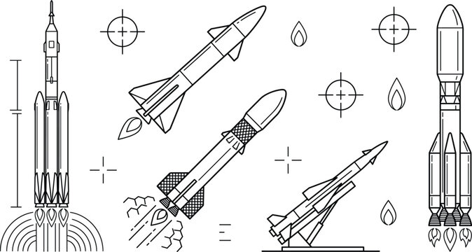 Rocket and missile line art collection featuring space launch vehicles military weapons and target crosshairs
