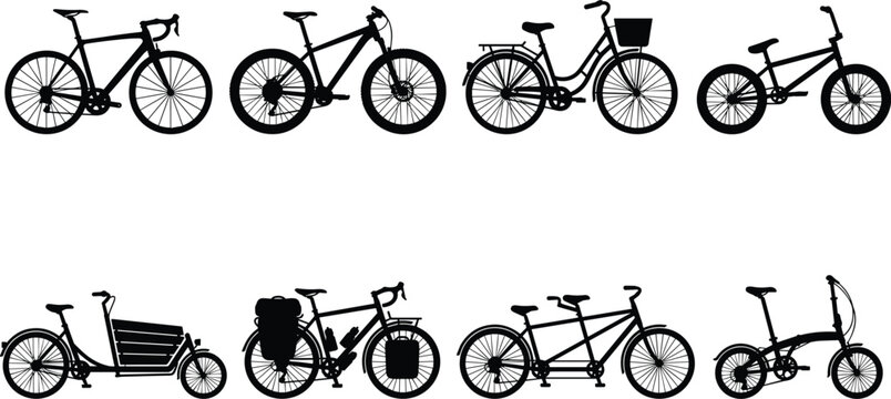 Set of black bicycle silhouettes featuring road bike mountain bike city cruiser bmx cargo touring tandem and folding bicycle vector illustration