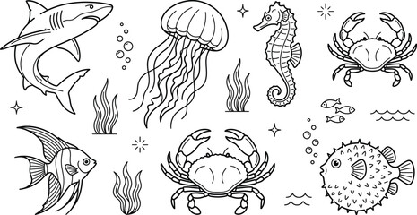 Sea creatures line art collection featuring shark jellyfish crab seahorse blowfish and underwater plants set © Sabbir Studio