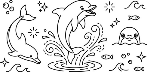 Naklejka premium Cute dolphin line art set jumping in water with sea waves bubbles stars and small fish