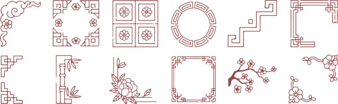 Traditional oriental frame borders and corner pieces showcasing intricate floral patterns bamboo motifs and geometric frame styles.
