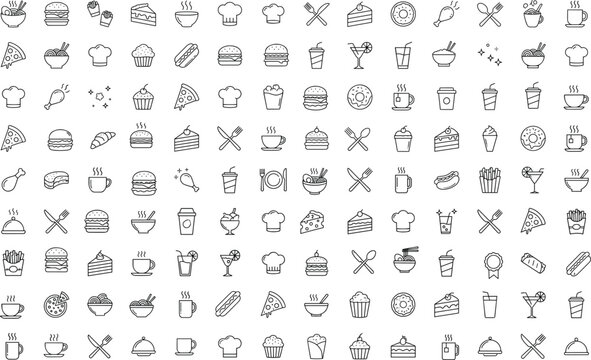 Food and drink line art pattern with burger pizza coffee dessert and restaurant icons background