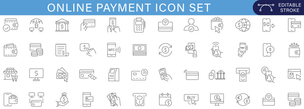 Online Payment and Digital Banking Icon Set Collection with Mobile Wallet, Credit Card, Contactless Transaction, Fintech, E-Commerce, Cashless Finance, Security Line Vector Icons editable stroke