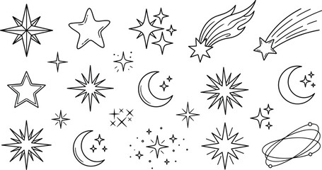 Cute star and crescent moon coloring page vector illustration set with celestial comets and sparkles © Sabbir Studio