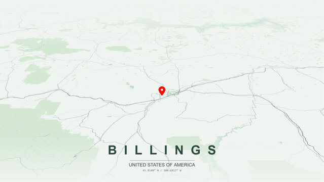 Modern minimalist vector map of Billings, Montana, USA. High-quality scalable illustration of Billings city grid, Yellowstone River waterfront contours for posters design.
