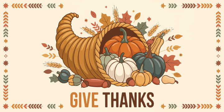 Thanksgiving cornucopia overflowing with pumpkins gourds autumn leaves and wheat stalks wish for gratitude.